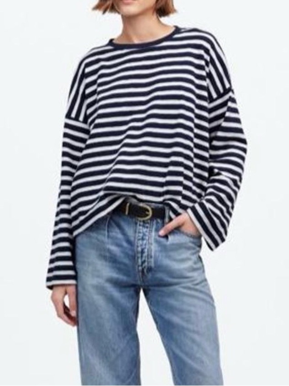 Madewell Striped Long-Sleeve Boatneck Bell Sleeve Top Navy White